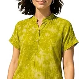 maaesa Women Lime Green Handcrafted Tie-Dye Rayon Loose Fit Top | Mandarin Collar | Short Sleeves | Lightweight & Breathable Fabric | Casual Wear | Office Wear-picture-12