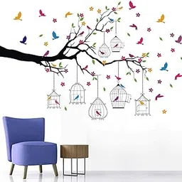 WALLSTICKS Tree Branch Flowers Birds Cage Decorative PVC Vinyl Wall Sticker (150 cm X 100 cm, Multicolor)-image-9
