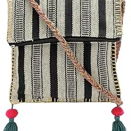 the house of tara Handloom Purse For Women | Small Crossbody Sling Bag with Waterproof Inner Lining, Tassels & Zip Pocket | Handcrafted Aesthetic Foldable Ladies Purse Handbag (Grey Black)-picture-25