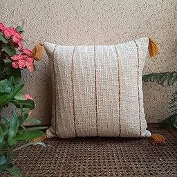 Trending Home Collection Cotton Textured with Manual Stripe Pattern Embroidery Stitched Zippered Tassel Cushion Cover (Ivory/Multi) |16 X 16 Inches | Set of 2|-picture-28