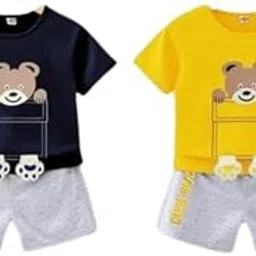Kid Boys Cotton Blend Dude Bear Printed Yellow Blue Comfy Top & Bottom Clothing Set(Pack of 2)-picture-54