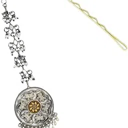 jwella Oxidised Silver Plated Floral Round Maangtika with Pearl Drops for Women | Traditional Ethnic Forehead Jewelry with Pin & Glue Dots-picture-38