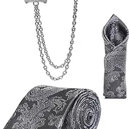 Random Stripe Men’s Paisley Necktie, Pocket Square & Crown Brooch Combo Set | Premium Satin Finish | Wedding, Party & Formal Wear | 16 Colors-picture-28