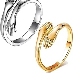 Pack of 2 Adjustable Stainless Steel golden and slver Color Hug Ring Valentine's Day/Anniversary Love Couple Embrace Statement Promise Hand Hug Me Finger-image-35