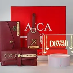 AICA Personalized Name & Charm Leather Womens Combo & Happy Diwali Lamp (Wine) | Diwali Gifts for Family and Friends | Gift for Women Woman Sister Wife Mother | Diwali Gift | Gift for Office Staff image 1