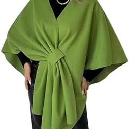 PATAKADEVI | Lime Green Poncho Cape Top Oversized V Neck Blouse With Side Knot Detail | For Sophisticated Layering And Formal Attire-picture-25