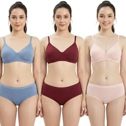 Women & Girl's Regular wear Full Coverage Cotton Non Padded Non-Wired T-Shirts Bra and Panty Lingerie Set (Multi-Mix-Colors-Pack-of-2)-image-0