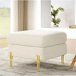 Kave Home White Bouclé Square Ottoman – Soft Upholstered Pouffe with Gold Metal Legs – Modern Accent Stool for Living Room, Bedroom & Vanity-image-65