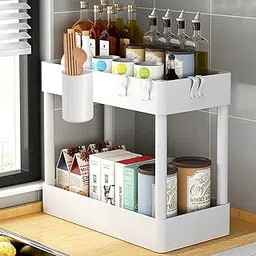 wolpin Under Sink Organizer Plastic Shelves Storage Rack-2-Tier Plastic Holder With Hooks&Cup Holder For Kitchen Multi-Purpose Under Bathroom Cabinet Storage&Kitchen Organizer Baskets (40X21X39 Cm)-picture-10