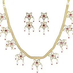 sora jewellery Gold Plated Floral Kundan Necklace Set with Earrings for Women and Girls-picture-42