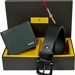 urban forest Rakhi Gift Hamper for Brother - Classic Green Men's Leather Wallet, Casual Black Leather Belt and Rakhi Combo Gift Set for Brother - 4625-picture-12