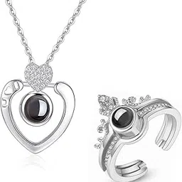 university trendz 100 Language Love Message Projection Crown Ring and Silver Plated Heart Pendant-picture-39