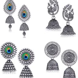 Earrings for women fashion jhumka oxidised Silver Earrings for women Combo chandbali pearl stylish Butterfly jhumkas traditional Jhumki Peacock Earrings For girls South Temple Ear Rings -M734-image-31
