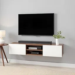 FURNEASER Sasia Modern Wall Mounted TV Unit for 32/42/55 Inch TV | Floating Entertainment Unit with Storage | Engineered Wood TV Cabinet for Living Room | TV Stand with Doors (Exotic Teak & White)-image-37