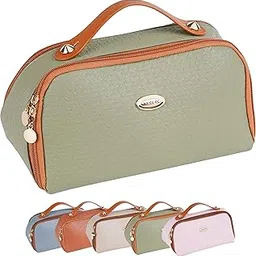 SHOPPOFOBIX Makeup Pouch for Women, Litchi PU Leather Makeup Pouch for Women, Large Capacity Cosmetic Travel Bag, Portable Makeup Kit Storage Bag with Handle and Two Divider (Olive Green)-picture-37