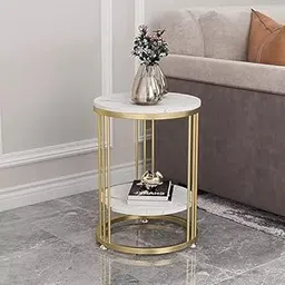 Unique Arts Marble Top Side Table Gold: Small Circle End Tables Bedside with Metal Golden Modern White Nightstand 2 Tier Round Coffee Table (Gold White)-image-5