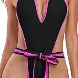 m.a.1 Women's Halter Neck One-Piece Swimsuit, V-Neck Design with Waist Belt-picture-38