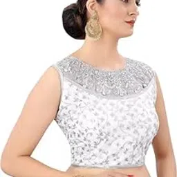 amru creations Women's Round Neck Readymade Silk Embroided Sleeveless Padded Saree Blouse with Elegant Design | Stylish Comfortable Fancy Blouse for Lehanga/Saree (Free Size)(White)-picture-32