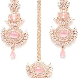 zeneme Rose Gold Plated American Diamond Studded Maang Tikka & Earrings Jewellery Set For Woment and Girl (Pink) image 1