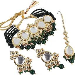 lucky jewellery Back Meenakari 18k Gold Plated Tika Earring Combo Jewellery Set Uncut Kundan Big Faux Kundan Dibbi Kundan Choker Necklace Set for Girl's & Women-picture-11