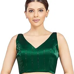 studio shringaar Women's Organza Satin Sequin Embroidered Sleeveless Padded Saree Blouse-picture-23
