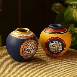 ExclusiveLane Madhubani & Warli Handpainted Living Room & Bedside Home Decorative Flower Terracotta Vases (Set of 2, Blue & Yellow)-picture-32