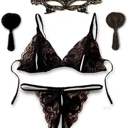 exciting lives Women Lace Play Time G-String Lingerie Set Of Three - Gift For Anniversary,Valentine'S Day,Birthday,Honeymoon,Gift For Wife,Girlfriend,Bride-To-Be Set Black-picture-19
