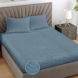 FABINALIV Sky Blue Striped Woollen King Size Double Bedsheet with 2 Pillow Covers (FLWBS-1090-SBlue)-picture-51