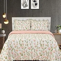 BREVARD Luxury & Premium Glace Cotton Flower Branch Design Bed Cover Frill Border - 2 Pillow Covers All Season Ultrasonic Lightweight Bedspreads/Bed Cover(Queen Size - 90x100 Inches, Peach Cream)-picture-10