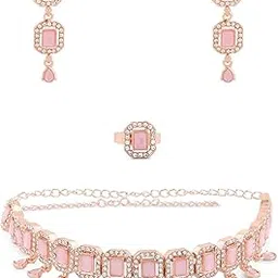 zaveri pearls Pink Dazzling Stones Sleek Choker Necklace Earring & Ring Set For Women-ZPFK15144-picture-22