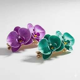 Elegant Orchid Hair Clips for Women - 2-Pc Matte Acrylic Flower Hair Barrettes in Purple & Teal Green for Hair Styling (Multicolour)-picture-15