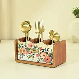 Brick Brown ® Premium Wooden Pastel Flora Cutlery Holder Spoon stand for kitchen | cutlery holder for dining table | wooden caddy storage organiser stand with 3 section Caddy holder (8.2x4.2x4 inch)-image-33