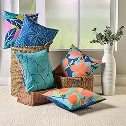 Sleepyhead Spring - Digital Printed Dual Sided Floral Cushion Covers/Throw Pillow (16X16, Set Of 5, Blue & Orange)(Canvas), 180 TC, 40.64 cm-picture-38