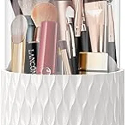 INOVERA (LABEL) 5 Slot Makeup Brush Holder | 360° Rotating Cosmetic Display Case Organizer Dustproof Brushes Storage Cases With Lid For Women Girls (White cosmetics)-image-4
