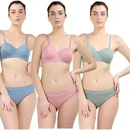 small candy Women's Cotton Lightly Padded Wire Free Bra Panty Lingerie Set Honeymoon|Everyday T Shirt Bra Panty Set for Girl's Combo Pack of 3 (Blue,Olive,Pink| 32B)-picture-36