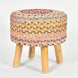 *Uarban Casa* Jute Pouffes Sitting Stool for Living Room Pouffe Wooden Ottoman Stools Cottan Poof Furniture Footrest Pouf Footstool for Office, Home Decore, 42x42x43cm, Jute, Multicolour-image-82