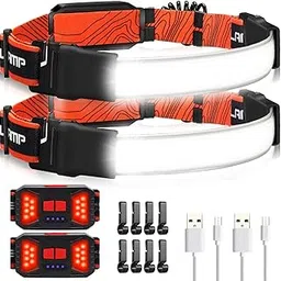 Adelante LED Headlamp Flashlight, 1000LM 230°Wide-Beam USB Rechargeable Head Light with Taillight(Individual Control) & 8 Clips Waterproof Headlight Headlamps for Running and Camping(2 Pack)-picture-27