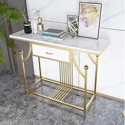 IronKaar Modern Console Table with Drawer, Black Top with Gold Metal Frame, Art Deco Style, Decorative Entryway Storage Desk (Gold White)-picture-30