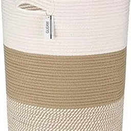 GLEAM Large Size Cotton Rope Woven Storage Basket with Handles, Laundry Hamper, Drum, Clothes Toys Organizer for Kid's Room, Round Open Design (Camel Mix, 14 x 16 Inch)-image-58