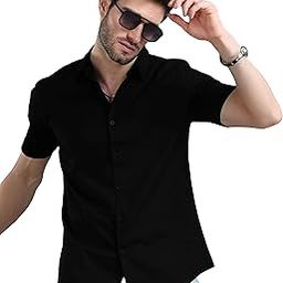 leotude Men's Cotton Blend Solid Half Sleeve Slim Fit Shirt For Men-picture-37