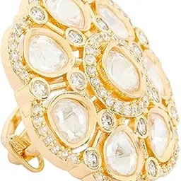 jewellity Kundan Statement Ring, Gold Plated Moissanite Crystal, Adjustable Cocktail Wedding Ring, For Women and Girls RG-1139-picture-14