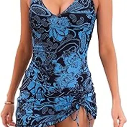 b2prity One Piece Swimdress Swimsuits for Women Tummy Control Swim Dresses Skirt V Neck Bathing Suit, Paisley Printed 1, L-picture-10