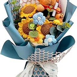 VRB Dec 1 Pcs Artificial Sunflower Teddy Crochet Flower Bouquet/Artificial Flowers Bunch/Crochet Flowers/Gift for Girls Home Decor,Gifting,etc. (Big Sky Blue Sunflower with Teddy Crochet Bouquet)-picture-19