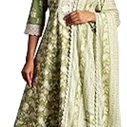 Green Printed Cotton A-Line Kurta With Trousers & Dupatta-image-19