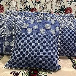 MODI FACTORY Set of 5(Pc) Cotton Kantha Handcrafted Cushion Covers with Pom Pom Border – 16x16 Inch Decorative Sofa & Bed Pillow Covers. (Blue)*-picture-35