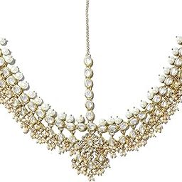 karatcart Gold-Tone Pearl Beads and Tassels Kundan Mathapatti-picture-38