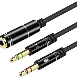 RiaTech Gold Plated 3.5mm Stereo 2 Male to 1 Female Y-Splitter AUX Cable with Separate Headphone/Earphone/Microphone - (33cm) -Round version Black-picture-24