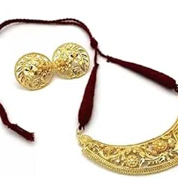 upala Gold Plated Designed Hansuli Necklace Set With Adjustable Tassel For Women & Girls-picture-34