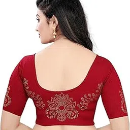 pu fashion Stylish Golden Stone Work Fancy Stretchable Lycra Blouse Latest Trendy Designer Readymade Women's Saree Blouse Round Neck Half Sleeves-picture-28