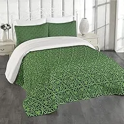 Ambesonne Irish Coverlet, National Foliage Pattern Intricate Twigs and Dots Trefoil Botanical Abstraction, 3 Piece Decorative Quilted Bedspread Set with 2 Pillow Shams, Queen Size, Lime Green-image-23